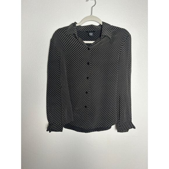 Grace Blouse Silk Top Button Down Size 8 Black & Beige Striped - Picture 1 of 4